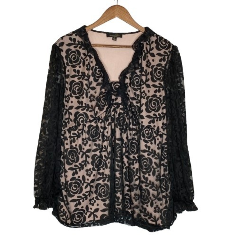 Suzanne Betro Womens Sheer Burnout Floral Lace Babydoll Top Sz 2X Black Romantic